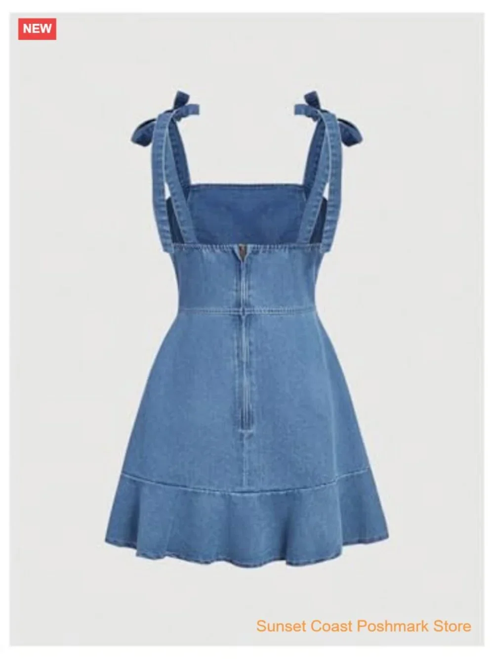 Tie Shoulder Sleeveless Denim Mini Dress with Layered Ruffle Hem - Picture 3 of 4